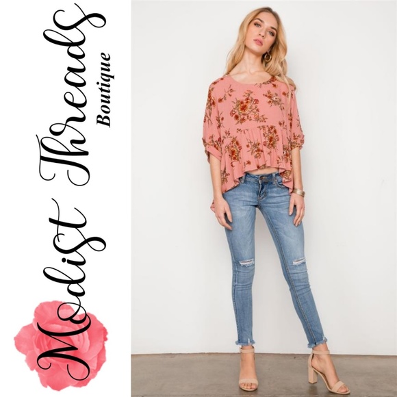 Pink Floral Multi Peach High Low Round Neck Top - Picture 3 of 4